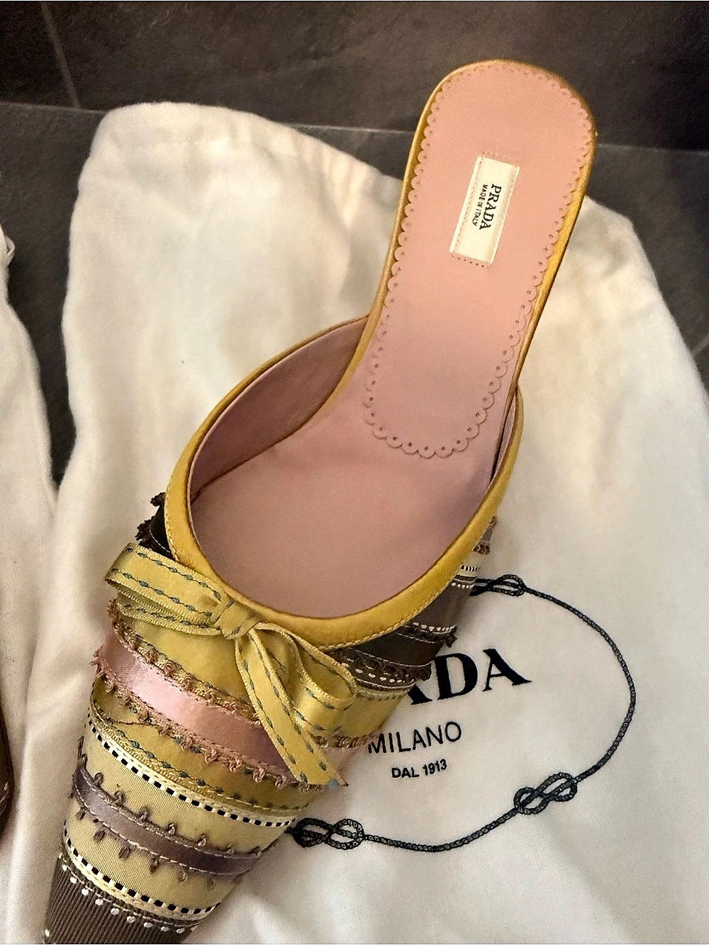 Prada Striped Ribbon Bow Kitten Heel Mules Yellow & Pink EU 38 NEVER WORN - Picture 3 of 10